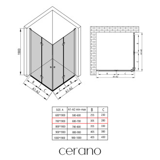 CERANO - Sprchovací kút Volpe Duo Ľ/P - 6 mm - čierna matná, transparentné sklo - 70x70 cm - zalamovacia