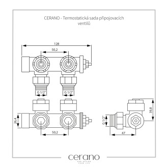 CERANO - Pripojovacia sada radiátorového ventilu s termostatickou hlavicou - stredové pripojenie 50mm - biela lesklá