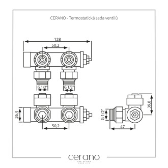 CERANO - Pripojovacia sada radiátorového ventilu s termostatickou hlavicou - stredové pripojenie 50mm - čierna matná
