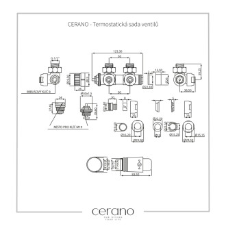 CERANO - Pripojovacia sada radiátorového ventilu s termostatickou hlavicou - stredové pripojenie 50mm - čierna matná/zlatá lesklá