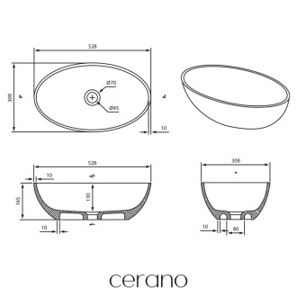 CERANO - Umývadlo z liateho mramoru Luna - na dosku - čierna matná - 52,8x30,9 cm
