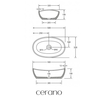 CERANO - Umývadlo z liateho mramoru Persea - na dosku - čierna matná - 50x32 cm