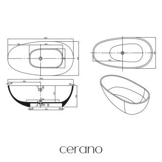 CERANO - Voľne stojaca vaňa z liateho mramoru Aura - biela matná - 180x90 cm