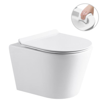 CERANO - Závesná WC misa Norbi, Rimless + UF sedátko - biela lesklá - 48,5x36,5 cm