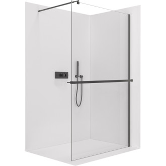CERANO - Sprchová zástena Walk-in Onyx Round Ľ/P - 8 mm + polička/držiak na uteráky - guľatá vzpera - čierna matná, transparentné sklo - 150x200 cm