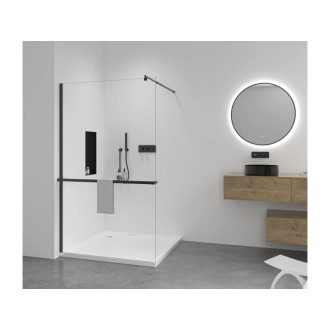 CERANO - Sprchová zástena Walk-in Onyx Round Ľ/P - 8 mm + polička/držiak na uteráky - guľatá vzpera - čierna matná, transparentné sklo - 150x200 cm