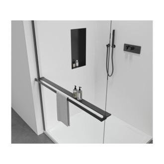CERANO - Sprchová zástena Walk-in Onyx Round Ľ/P - 8 mm + polička/držiak na uteráky - guľatá vzpera - čierna matná, transparentné sklo - 150x200 cm