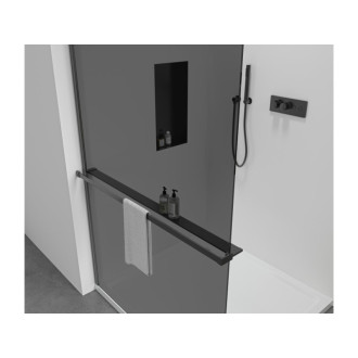 CERANO - Sprchová zástena Walk-in Onyx Round Ľ/P - 8 mm + polička/držiak na uteráky - guľatá vzpera - čierna matná, grafitové sklo - 90x200 cm