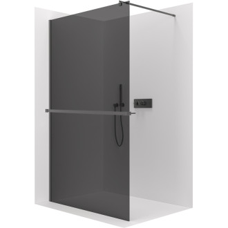 CERANO - Sprchová zástena Walk-in Onyx Round Ľ/P - 8 mm + polička/držiak na uteráky - guľatá vzpera - čierna matná, grafitové sklo - 110x200 cm