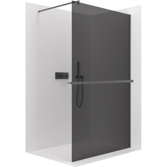 CERANO - Sprchová zástena Walk-in Onyx Round Ľ/P - 8 mm + polička/držiak na uteráky - guľatá vzpera - čierna matná, grafitové sklo - 110x200 cm