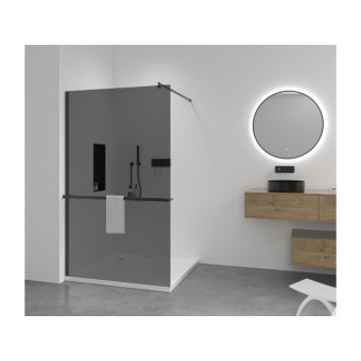 CERANO - Sprchová zástena Walk-in Onyx Round Ľ/P - 8 mm + polička/držiak na uteráky - guľatá vzpera - čierna matná, grafitové sklo - 110x200 cm