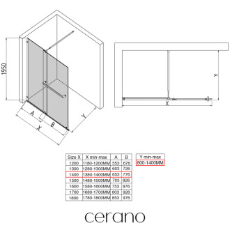 CERANO - Sprchová zástena Medin L/P - 8 mm - čierna matná, transparentné sklo - 140x195 cm - dvojdielna posuvná