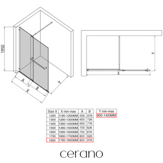 CERANO - Sprchová zástena Walk-in Medin Ľ/P - 8 mm - čierna matná, transparentné sklo - 180x195 cm - dvojdielna posuvná