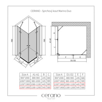 CERANO - Sprchovací kút Marino Duo Ľ/P - 6 mm - čierna matná, transparentné sklo - 120x110x190 cm - pántový