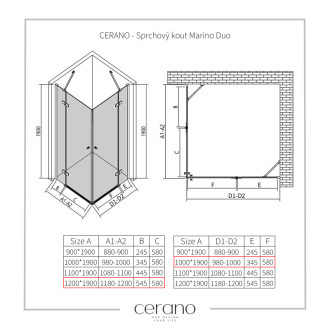 CERANO - Sprchovací kút Marino Duo Ľ/P - 6 mm - chróm, transparentné sklo - 120x100x190 cm - pántový