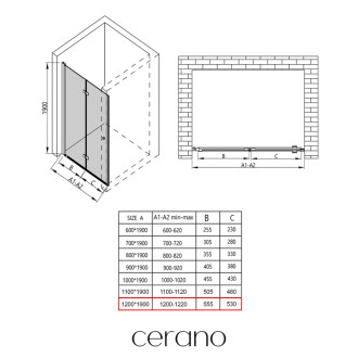 CERANO - Sprchové zalamovacie dvere Volpe L/P - 6 mm - čierna matná, transparentné sklo - 120x190 cm