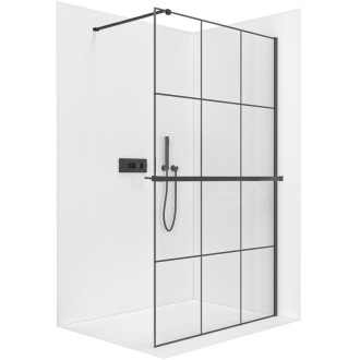 CERANO - Sprchová zástena Walk-in Onyx Cube Ľ/P - 8 mm + polička / držiak na uteráky - hranatá vzpera - čierna matná, industriálne sklo - 90x200 cm