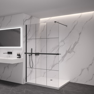 CERANO - Sprchová zástena Walk-in Onyx Cube Ľ/P - 8 mm + polička / držiak na uteráky - hranatá vzpera - čierna matná, industriálne sklo - 90x200 cm