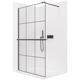 CERANO - Sprchová zástena Walk-in Onyx Cube Ľ/P - 8 mm + polička/držiak na uteráky - hranatá vzpera - čierna matná, industriálne sklo - 160x200 cm