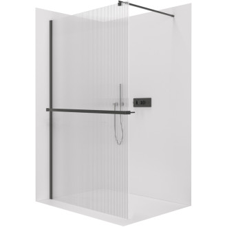 CERANO - Sprchová zástena Walk-in Onyx Round Ľ/P - 8 mm + polička/držiak na uteráky - guľatá vzpera - čierna matná, ryhované sklo - 70x200 cm