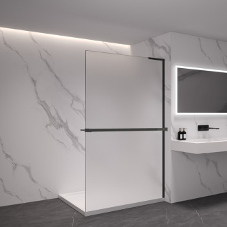 CERANO - Sprchová zástena Walk-in Onyx L-pravá vzpera - 8 mm + polička / držiak na uteráky - čierna matná, mliečne sklo - 140x200 cm