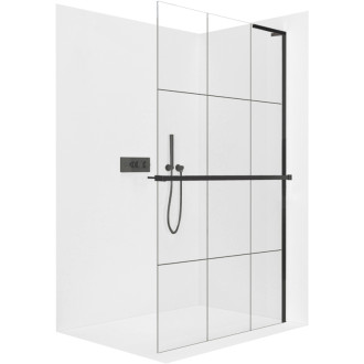 CERANO - Sprchová zástena Walk-in Onyx L-pravá vzpera - 8 mm + polička / držiak na uteráky - čierna matná, industriálne sklo - 90x200 cm
