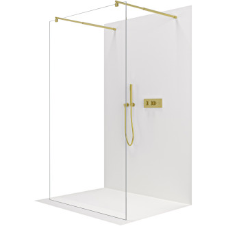 CERANO - Sprchová zástena Walk-in Onyx Duo Ľ/P - 8 mm - guľatá vzpera - zlatá kartáčovaná, transparentné sklo - 140x200 cm