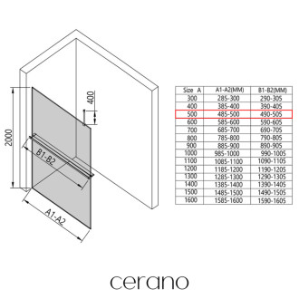 CERANO - Sprchová zástena Walk-in Onyx Top Round Ľ/P - 8 mm - guľatá vzpera + polička/držiak na uteráky - čierna matná, mliečne sklo - 50x200 cm