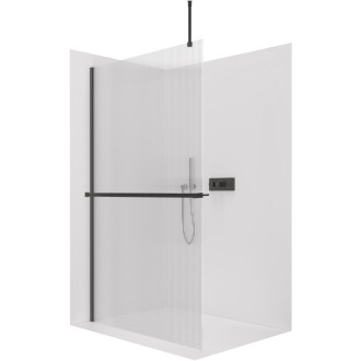 CERANO - Sprchová zástena Walk-in Onyx Top Round Ľ/P - 8 mm - okrúhla vzpera + polička/držiak na uteráky - čierna matná, ryhované sklo - 70x200 cm