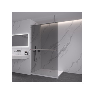 CERANO - Sprchová zástena Walk-in Onyx Top Round Ľ/P - 8 mm - guľatá vzpera + polička/držiak na uteráky - chróm, grafitové sklo - 140x200 cm