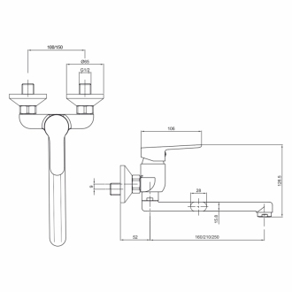 Mereo Zuna drezová batéria nástenná 150 mm s ramienkom plochým rovným 210 mm M-CB302Z