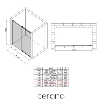 CERANO - Sprchové posuvné dvere Santoro Ľ/P - 8 mm - čierna matná, grafitové sklo - 150x195 cm