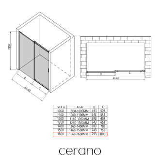 CERANO - Sprchové posuvné dvere Santoro Ľ/P - 8 mm - čierna matná, grafitové sklo - 160x195 cm