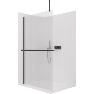 CERANO - Sprchová zástena Walk-in Onyx Top Cube Ľ/P - 8 mm - hranatá vzpera + polička/držiak na uteráky - čierna matná, ryhované sklo - 60x200 cm