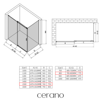 CERANO - Sprchovací kút Santoro Ľ/P - 8 mm - chróm, transparentné sklo - 150x80x195 cm - posuvný