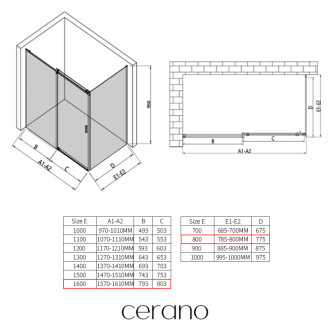 CERANO - Sprchovací kút Santoro Ľ/P - 8 mm - chróm, transparentné sklo - 160x80x195 cm - posuvný