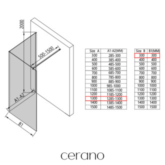 CERANO - Sprchová zástena Walk-in Onyx Corner Cube Ľ/P - 8 mm - hranatá vzpera - čierna matná, mliečne sklo - 130x30x200 cm