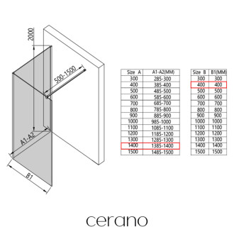 CERANO - Sprchová zástena Walk-in Onyx Corner Cube Ľ/P - 8 mm - hranatá vzpera - čierna matná, mliečne sklo - 140x40x200 cm