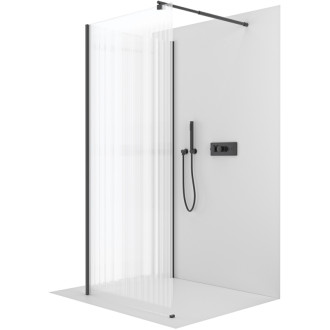 CERANO - Sprchová zástena Walk-in Onyx Corner Round Ľ/P - 8 mm - guľatá vzpera - čierna matná, ryhované sklo - 140x130x200 cm
