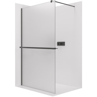 CERANO - Sprchová zástena Walk-in Onyx Round Ľ/P - 8 mm - okrúhla vzpera + polička/držiak na uteráky - čierna matná, mliečne sklo - 30x200 cm