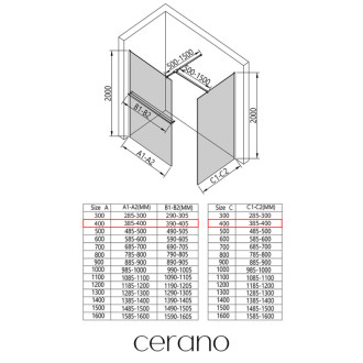 CERANO - Sprchová zástena Walk-in Onyx TL/P - 8 mm - hranatá vzpera + polička/držiak na uteráky - čierna matná, mliečne sklo - 40x40x200 cm