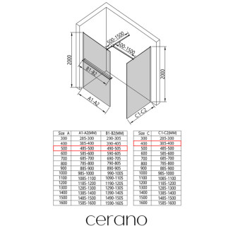CERANO - Sprchová zástena Walk-in Onyx TL/P - 8 mm - hranatá vzpera + polička/držiak na uteráky - chróm, transparentné sklo - 50x40x200 cm