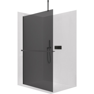 CERANO - Sprchová zástena Walk-in Onyx Top Cube Ľ/P - 10 mm - hranatá vzpera + polička / držiak na uteráky - čierna matná, grafitové sklo - 90x200 cm