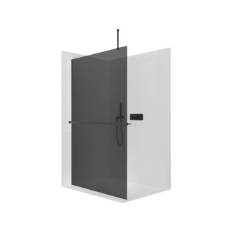 CERANO - Sprchová zástena Walk-in Onyx Top Round Ľ/P - 10 mm - guľatá vzpera + polička/držiak na uteráky - čierna matná, grafitové sklo - 110x200 cm