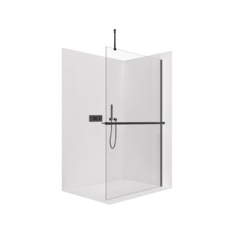 CERANO - Sprchová zástena Walk-in Onyx Top Round Ľ/P - 10 mm - guľatá vzpera + polička/držiak na uteráky - čierna matná, transparentné sklo - 100x200