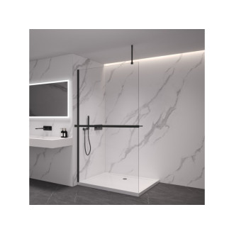 CERANO - Sprchová zástena Walk-in Onyx Top Round Ľ/P - 10 mm - guľatá vzpera + polička/držiak na uteráky - čierna matná, transparentné sklo - 100x200