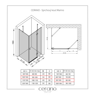 CERANO - Sprchovací kút Marino Ľ/P - 6 mm - čierna matná, transparentné sklo - 100x90 cm - pántový