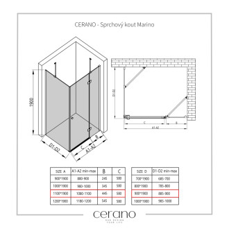 CERANO - Sprchovací kút Marino Ľ/P - 6 mm - čierna matná, transparentné sklo - 110x90 cm - pántový
