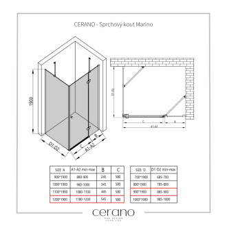 CERANO - Sprchovací kút Marino Ľ/P - 6 mm - čierna matná, transparentné sklo - 120x90 cm - pántový