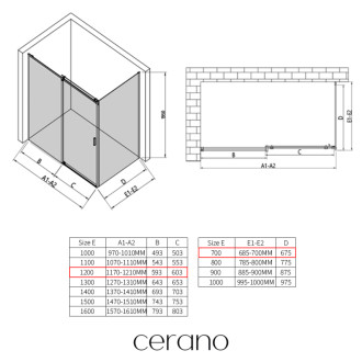CERANO - Sprchovací kút Santoro Ľ/P - 6 mm - čierna matná, transparentné sklo - 120x70x195 cm - posuvný